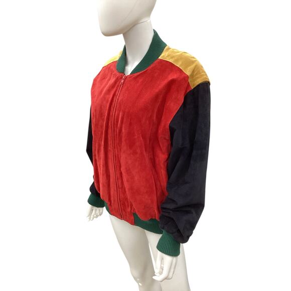 VTG Authentic Imports Jacket Unisex SZ L 1970’ Color Block Suede Leather Bomber - Picture 2 of 5